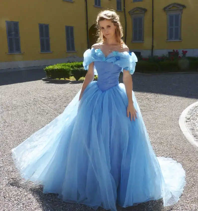 Cinderalle-vestidos de quinceañera azul, corsé de Organza con hombros descubiertos, vestido de baile de 15 años, vestido de fiesta de graduación con mariposa, 2022