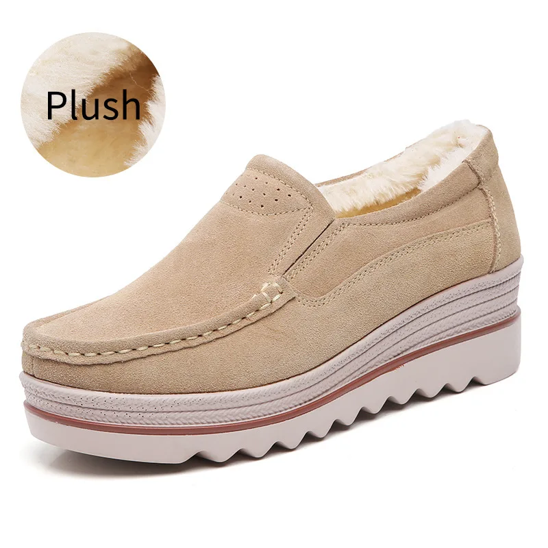 2020 Shoes Women Winter Warm 100% Genuine Leather Flat Shoes Casual Loafers Slip on Women\'s Flats Plush Shoes Moccasins Lady