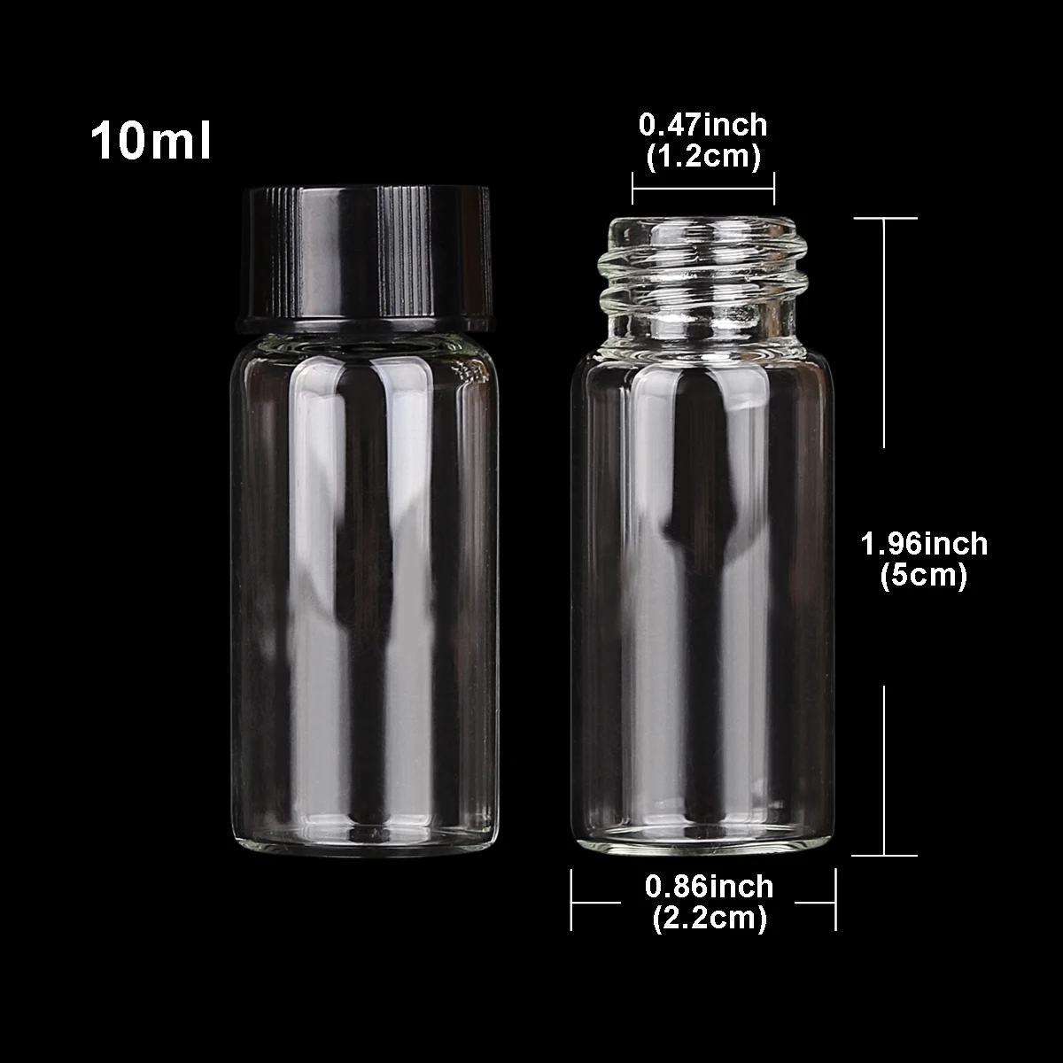 50 Pieces 10ml 22*50mm Small Transparent Glass Bottles Perfume Bottles Jar Vials with Black Plastic Caps for Craft Accessory DIY