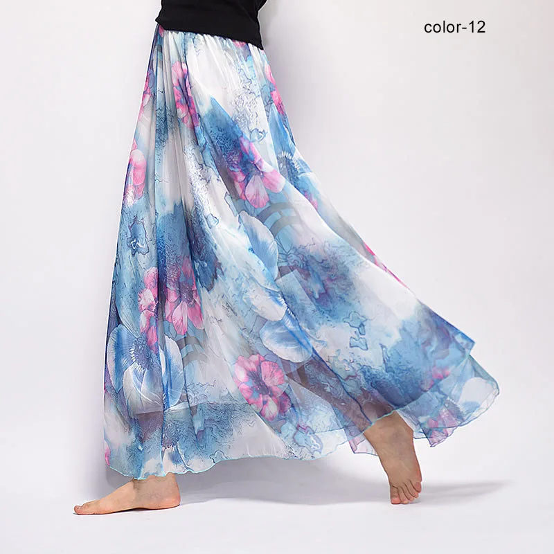 Women Fashion Florals Print Long Skirt Female Boho Style Elastic High Waist Chiffon Casual Beach Skirts Saias 19 Color Summer