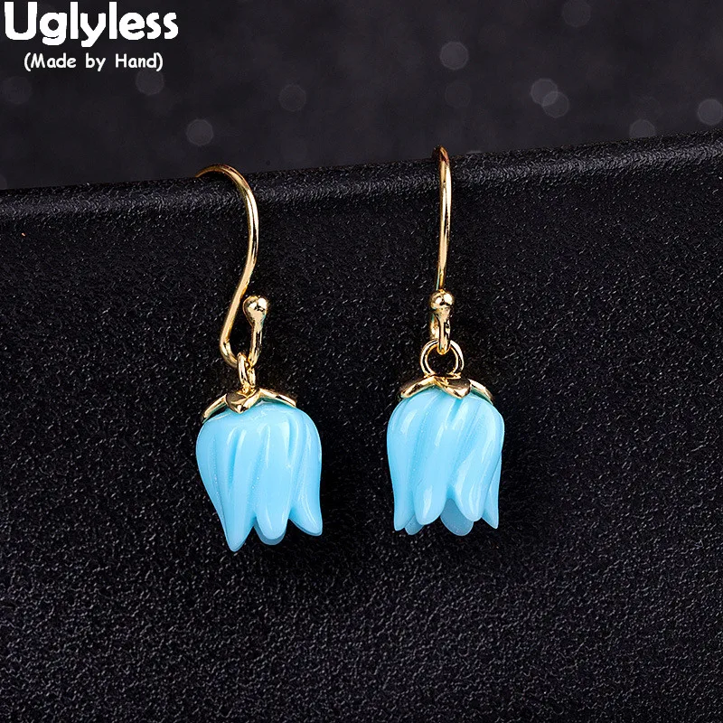 Uglyless Pretty Lily of the valley Flower Earrings for Women Turquoise Floral Earrings 925 Silver Brincos Ethnic Fashion Jewelry