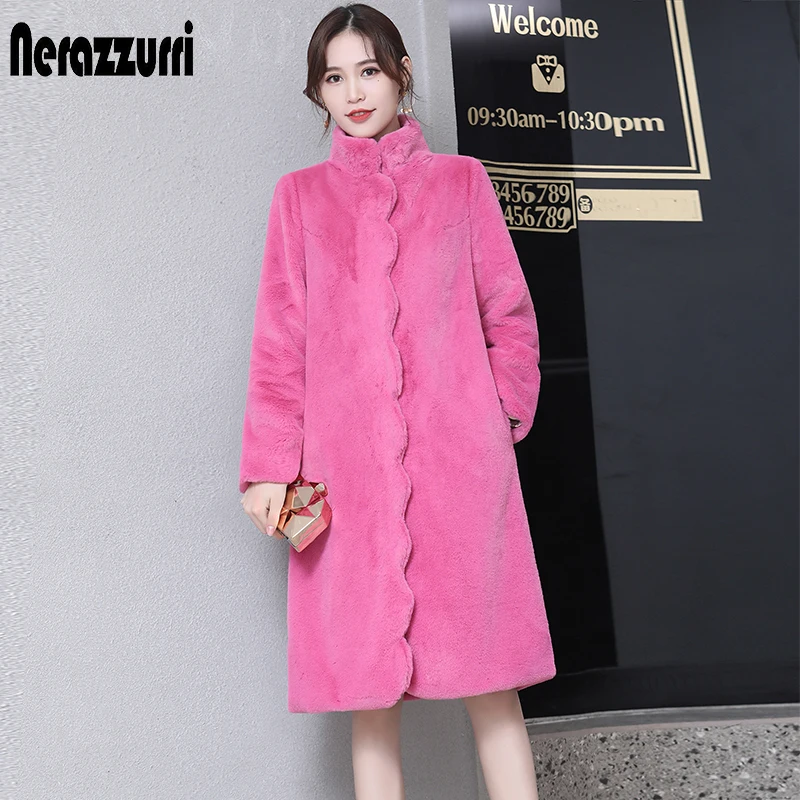 Nerazzurri Winter Colored Warm Soft Long Faux Fur Coat Women with Scallop Trim Army Green Black Fluffy Jacket Korean Fashion