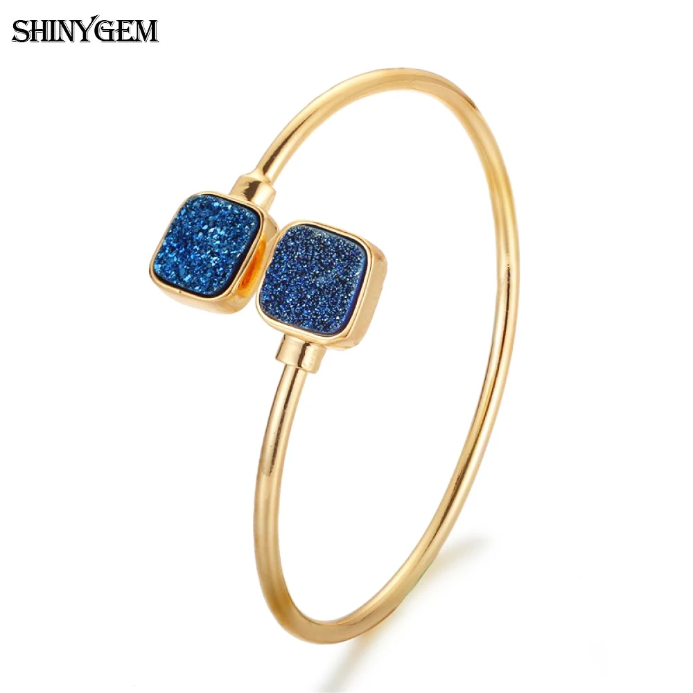 

ShinyGem New Trendy Sparkling Druzy Bracelets For Women Gold Plating Open Cuff Square Colorful Natural Stone Crystal Bangle