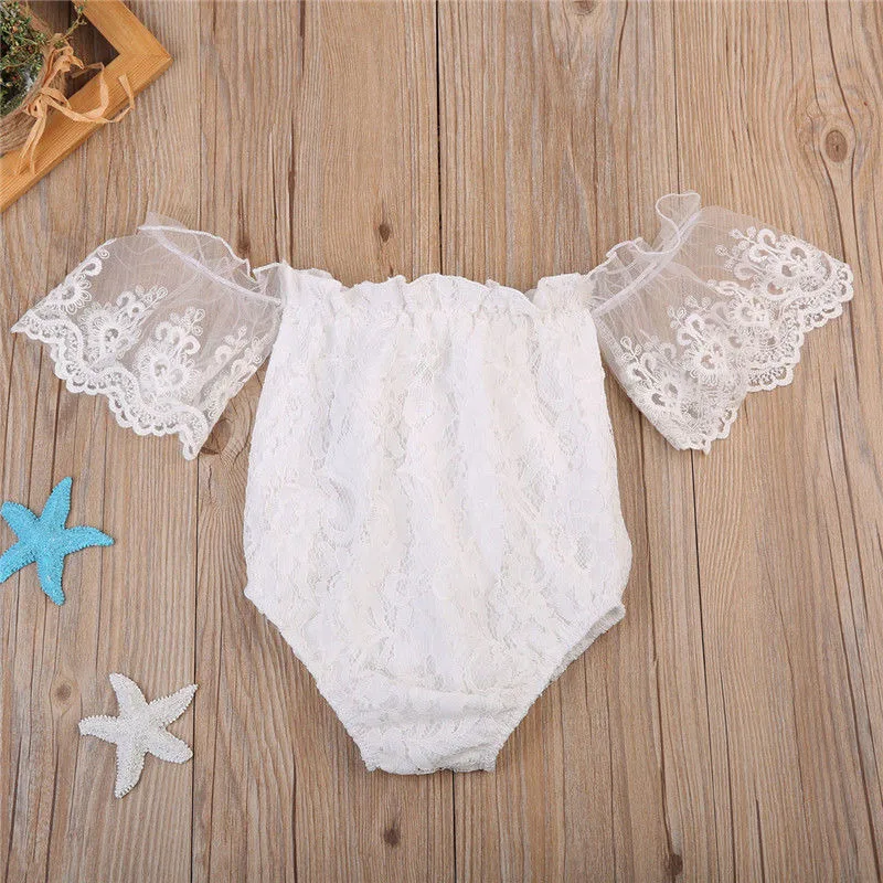 Summer Cute Toddler Baby Girl Clothes White Lace Romper Sleeveless Hollow Out Hook Off Shoulder Backless Jumpsuit Outfits