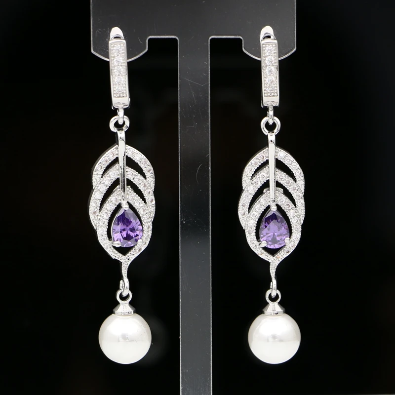 925 Silver Bridal Earrings For Women Wedding White Pearl Purple Cubic Zirconia Drop Earrings