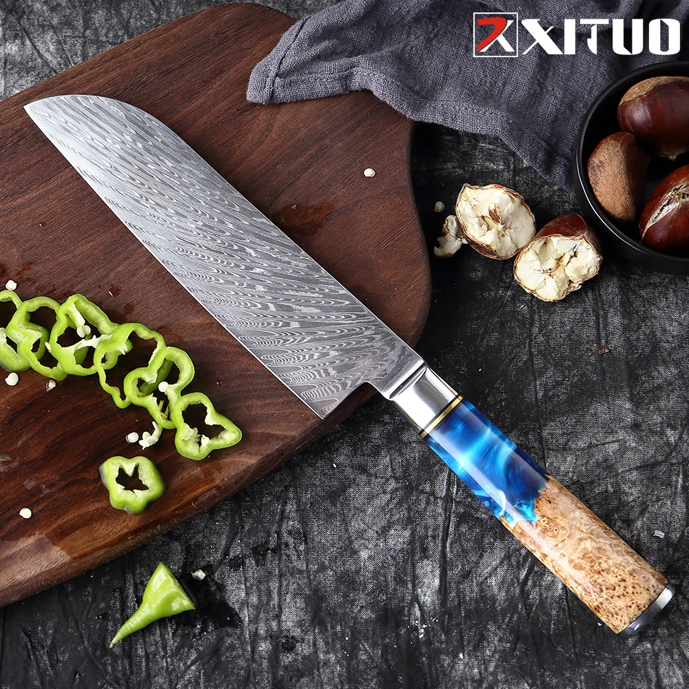 XITUO Damascus Steel VG10 Santoku Knife Chef Knife Raw Fish Fillet  Fish Kitchen Knife Blue Resin Color Wood Handle Cooking Tool
