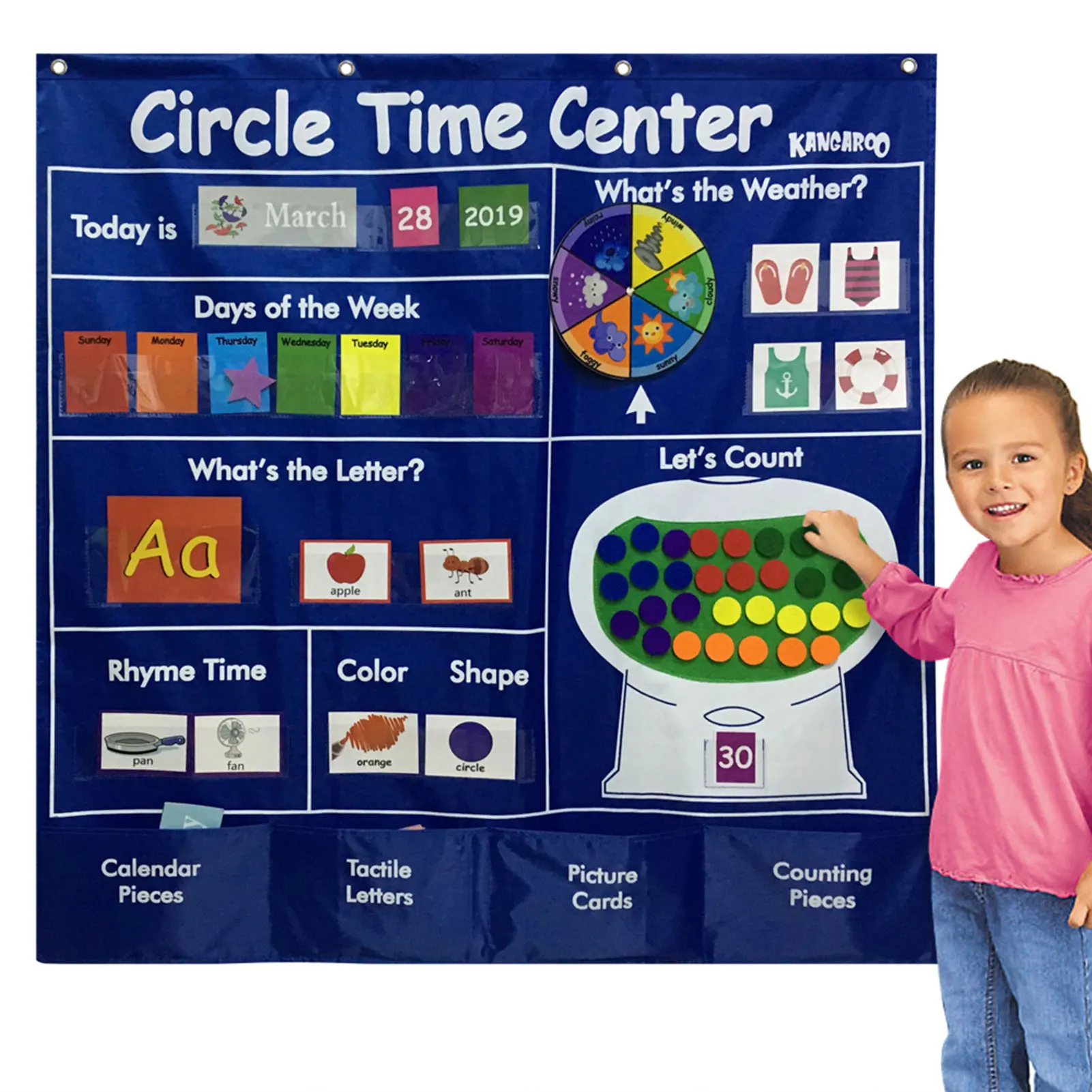 Kids Circle Time Center Pocket Chart Set Child Educational Learning Color Calendar Counting Wording Rhyme Pictures Pocket Chart