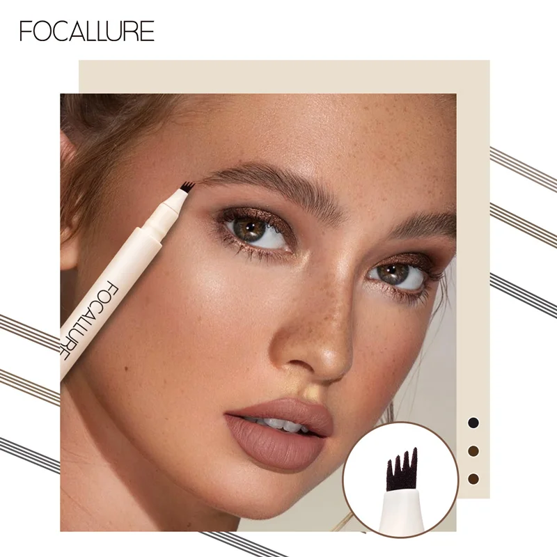 FOCALLURE Wholesale 4 Fork Tip Eyebrow Pencil Cosmetics Long Lasting Natural Dark Brown Liquid Eyebrow Pen Professional Makeup