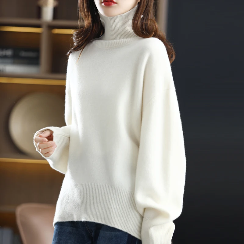 Wool Sweater Women 2021 Autumn and Winter New 100% Pure Wool Turtleneck Sweater Ladies Loose Thick Pullover Cashmere Sweater Top