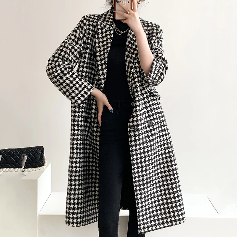 

Houndstooth Woolen Coat Women's 20212 New Autumn Winter Wool Windbreaker Female Thick Double-Breasted Mid-Length Woolean Overcoa