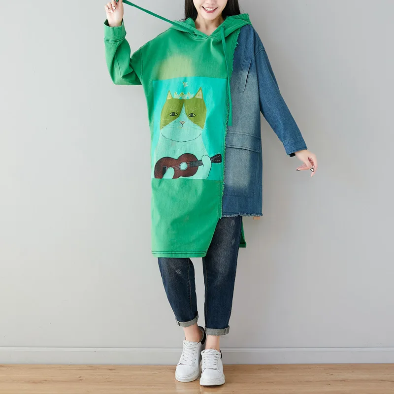 Patchwork Jeans sudaderas con capucha vestido de gran tamaño mujer sudadera señoras dibujos animados Abrigo con capucha dobladillo irregular bloque