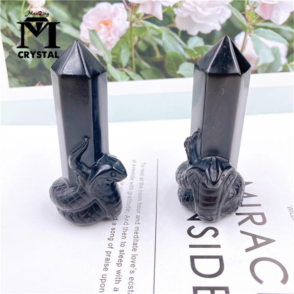 

1PC Natural Obsidian Hand Carved Animals Stone Hexagonal Column Crystal Point Skull Crafts Mineral Ornament Healing Wand