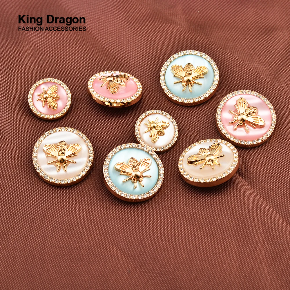 New Arrival 6PC Antique Rhinestone Decor Metal Gold Bee Pink Blue Pearl Buttons For Clothes Coat Cardigan Sweater Sew Needlework