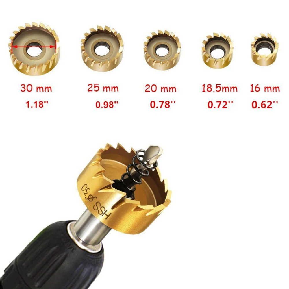 5Pcs 16-30mm Titanium Coated HSS Drill Bit Hole Saw Set Stainless Steel Metal Alloy 16 18.5 20 25 30mm