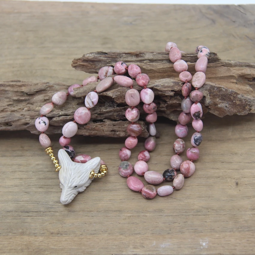 Natural Rhodonite Chip Beads Knotted Handmade Yoga Necklaces,Coral Jades Wolf Head Pendants Mala Jewelry Wholesales,QC0106