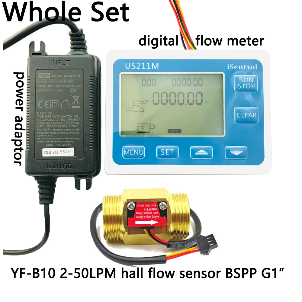 

US211M Digital Water Flow Meter with Fine Brass G1" YF-B10 2-50L/min Hall Water Flow Sensor Reader Saier iSentrol Dijiang