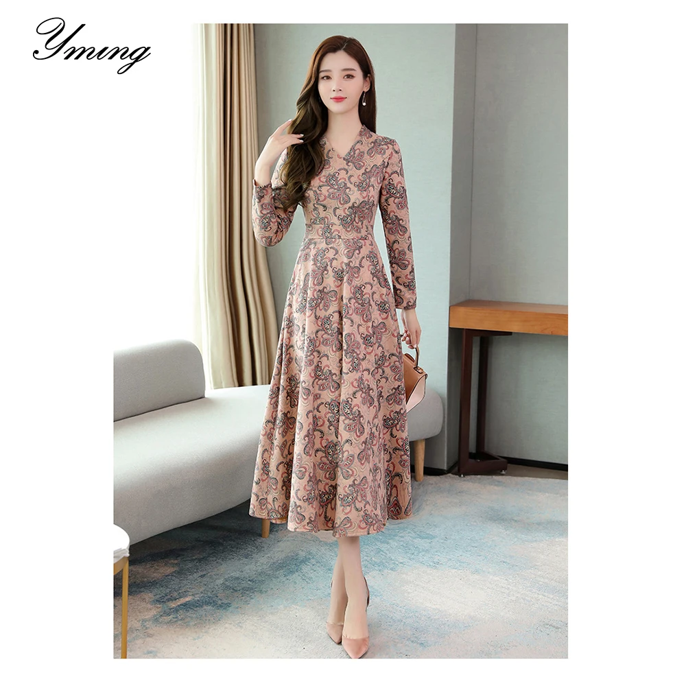 

YMING Women's Autumn Long Sleeve V-neck Dress Waist Waist Thin Print Dress Casual Outing Friends Party Dresses Daily Wear