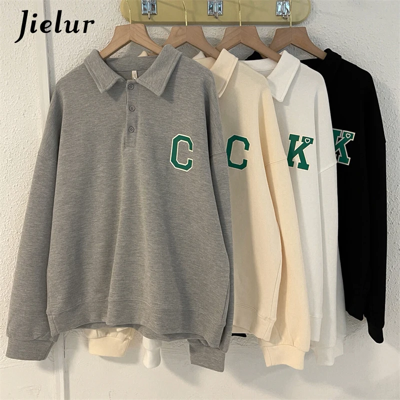 Jielur Autumn Polo Women Hoodies Korean Fashion Streetwear Casual Loose Cool Buttons Letter Print Gray White Black Sweatshirt