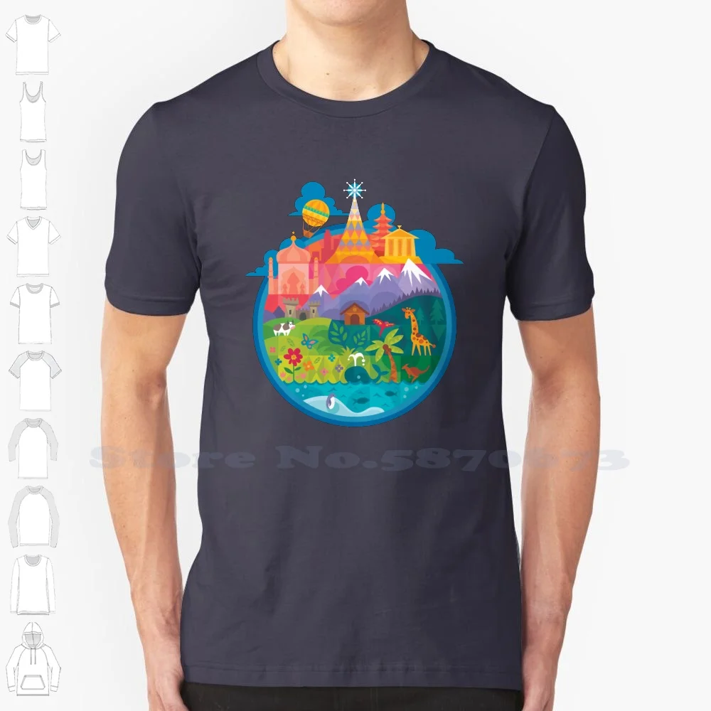 Small World 100% Cotton T-Shirt Cartoon Globe Nature Bright Sea Mountain Animals Whale Cow Parrot Bird Flowers