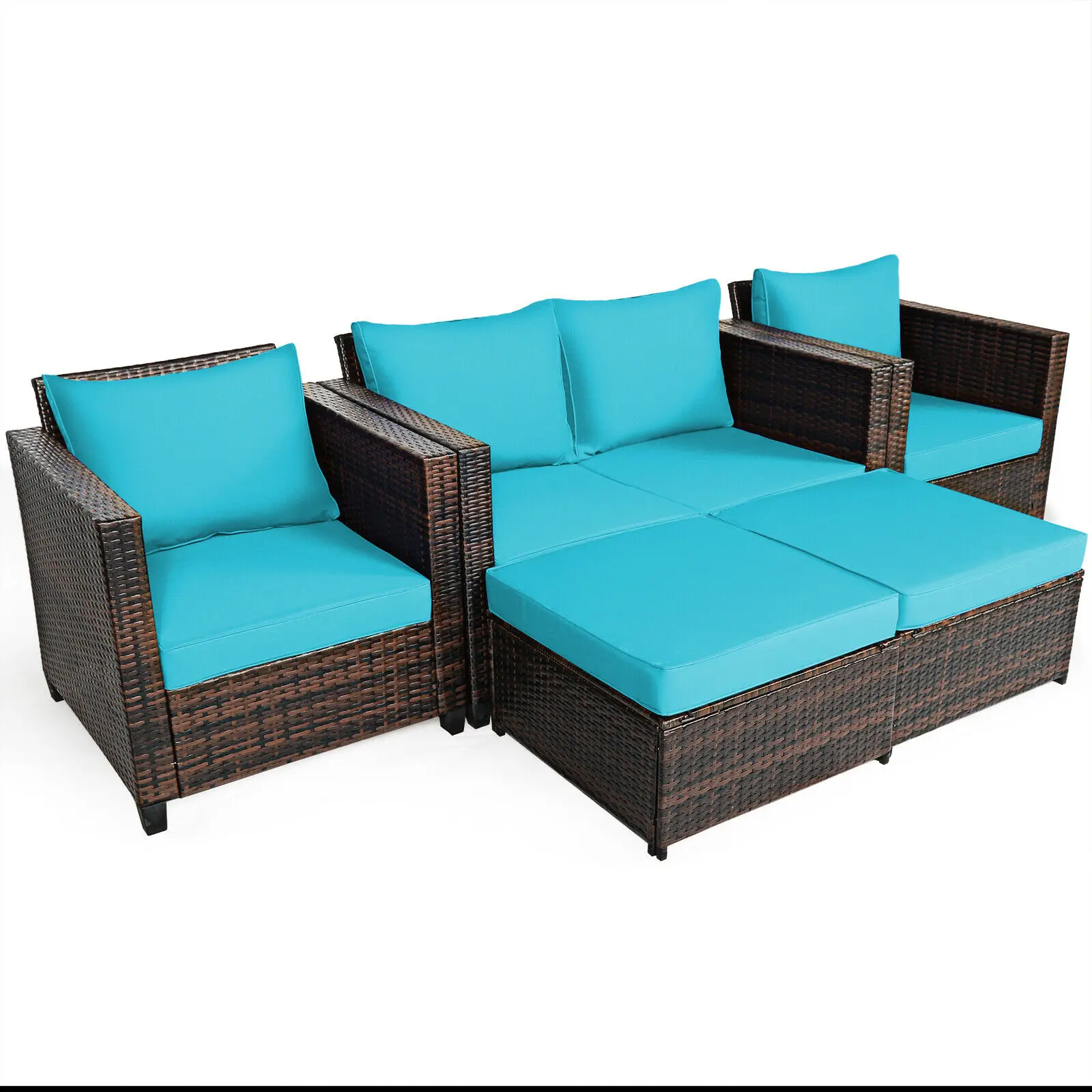 Patiojoy 5PCS Patio Rattan Furniture Set Loveseat Sofa Ottoman Cushion