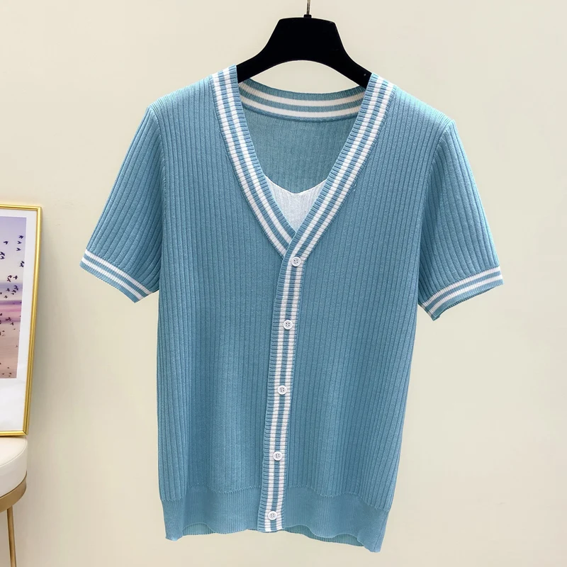 M-4XL Large Size Women Summer V neck Short Sleeve Stripe Knitted Pullover Tee Base Wool Oversized Sweater Women Jumper T-shirt