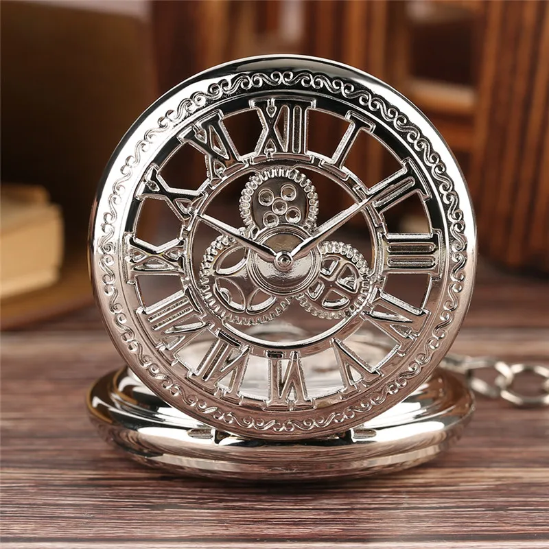 Silver Hollow Wheel Gear Men Women Hand Winding Mechanical Pocket Watch Pendant Chain Roman Numeral Dial Gift Reloj de bolsillo