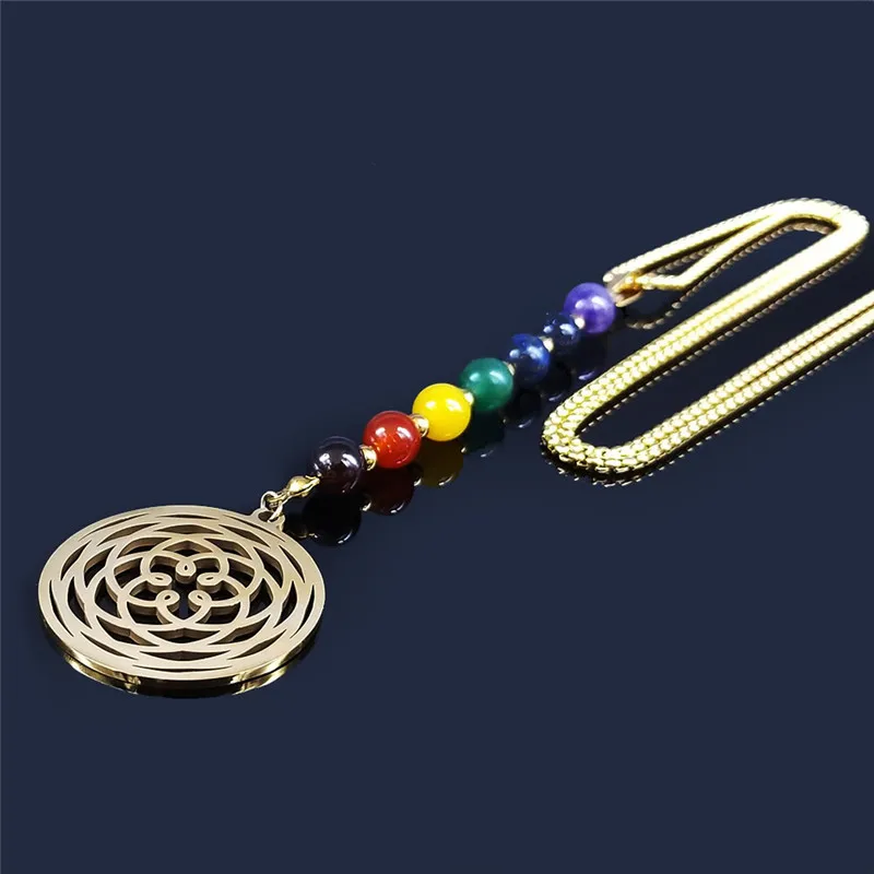 7 Chakra Yoga Flower of Life Necklace Lotus Buddhas Moon Carved Gem Stone Beads Necklaces Reiki Healing Balancing Maxi Jewelry