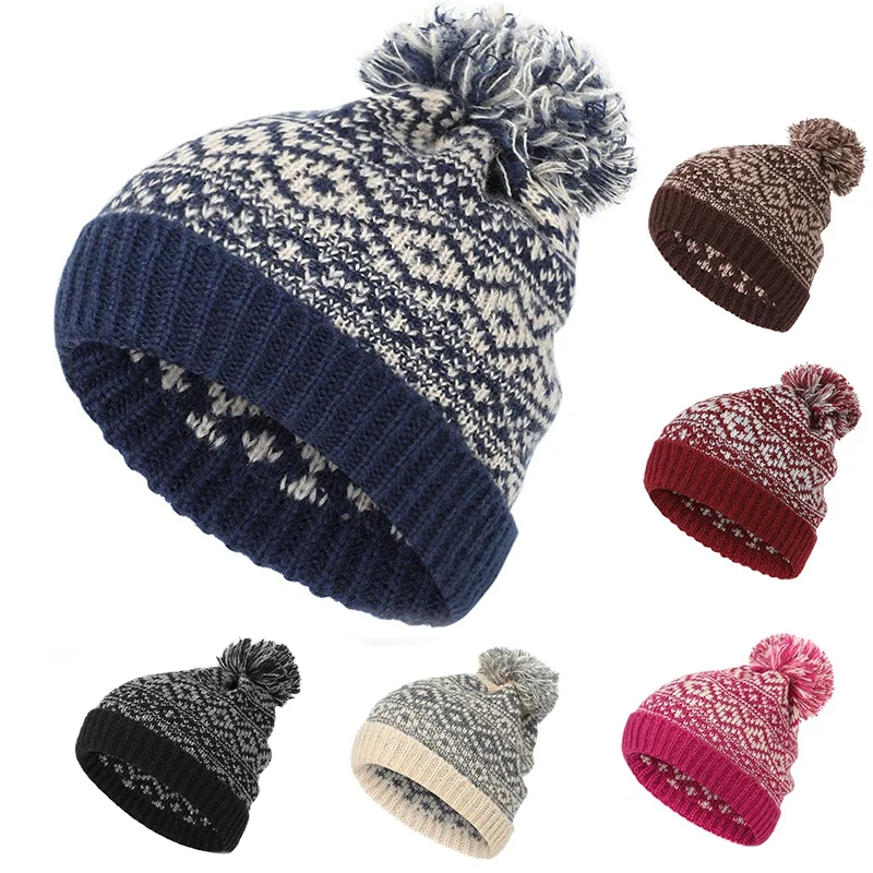 Winter Hats For Women To Keep Warm Pompoms Natural Knit Hat Women Beanie Cotton Fluffy Hat Hedging  Cap Variegated Plaid Cap New