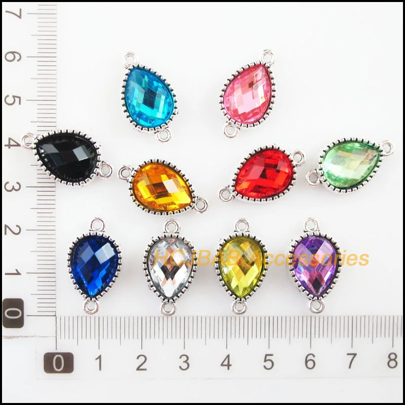 10 New Teardrop Charms Tibetan Silver Tone Acrylic Mixed Connectors 13x23mm