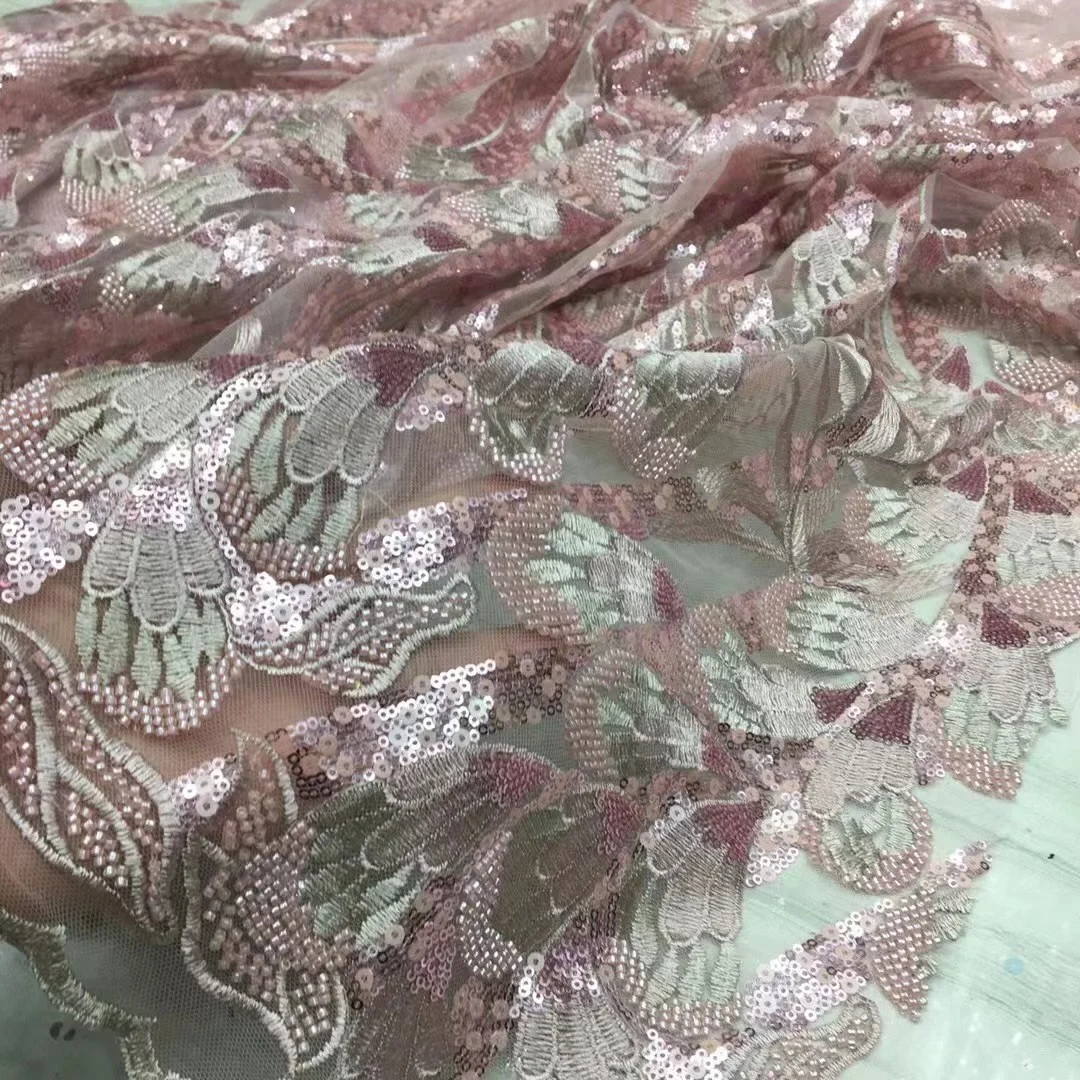 

Latest French Handmade Beads Tulle Lace Embroidery Flower With Sequin Nigerian Mesh Lace Fabric 5yards For Women TS9697