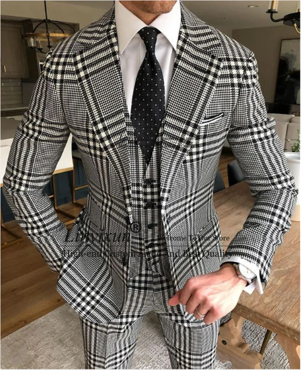 Fashion Plaid Mens Suits 3 Piece Jacket Vest Pants Set Slim Fit Formal Business Male Blazer Wedding Groom Tuxedos Costume Homme