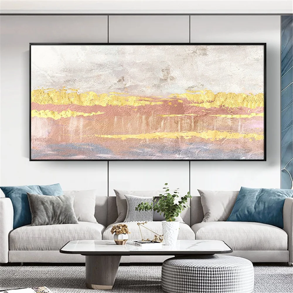 

100% Handmade High Quality Painting Modern Abstract Oil Painting Office Living Room Decor Wall Art Gold And Pink Canvas Painting