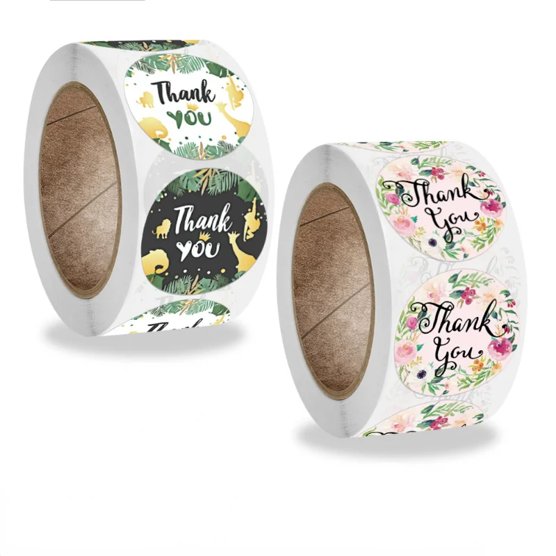 500 sheets/roll Thank You Stickers Jungle Safari Sticker Baby Shower Bag Packaging Sealing Label Flower Birthday Party Decor