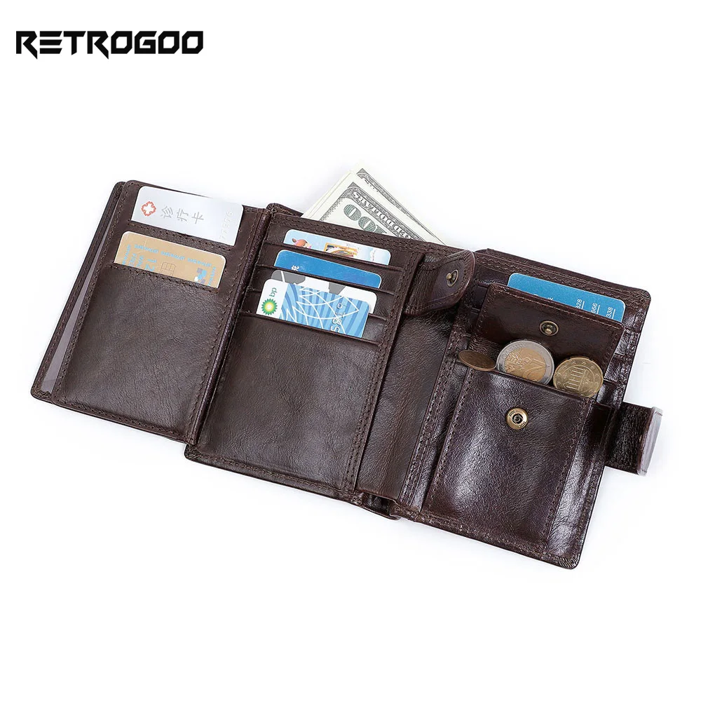 RETROGOO Genuine Cow Leather Men RFID Wallet Small Mini Card Holder Male Wallet Pocket Retro Purse High Quality Coil Cartera