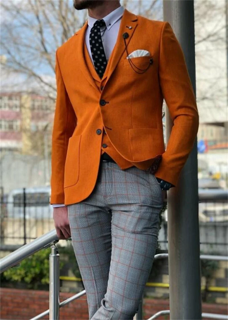 3 Stuks Oranje Mannen Suits Moderne Plaid Broek Aanpassen Knappe Wedding Suits Single Breasted Formele Zakelijke Jas + Broek + vest