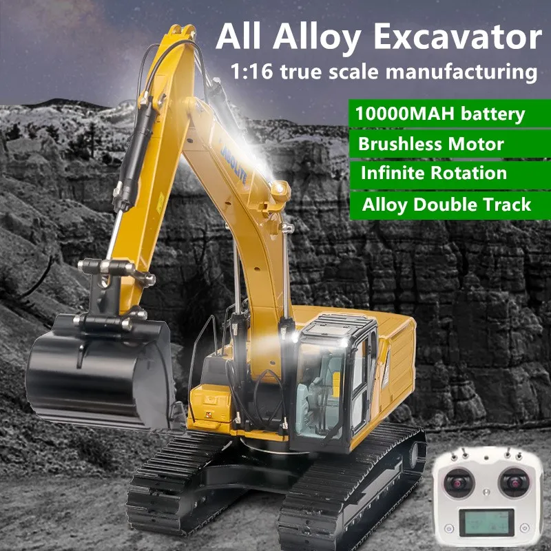 Simulation Alloy RC Excavator 2.4G 22CH 1: 16 40mins Brushless Motor Alloy Double Track Unlimited Rotation RC Excavator Model