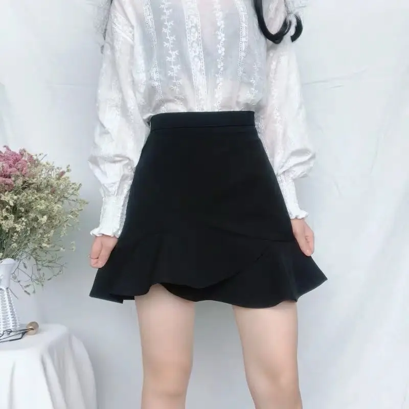 Skirts Women Summer Ruffles Korean Style Hip-skirt Slender Mini Fashion Leisure Solid Ulzzang Black Womens Faldas Chic Retro New