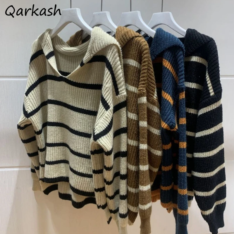 

Sweater Pullovers Women Sailor Collar All-match Simple Preppy Japanese Style Elegant Knitwear Loose Students Daily Ulzzang Chic