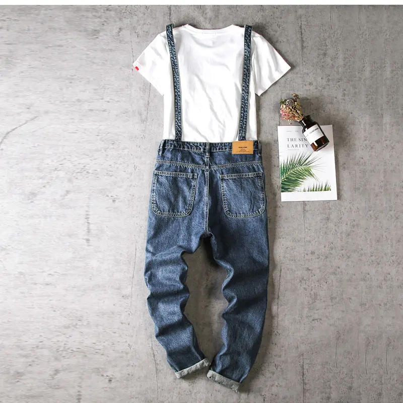 2021 Overalls Men Denim Jumpsuit Pants Full Length Casual Big Pocket Slim Bib Fashion Hip Hop Blue Trousers