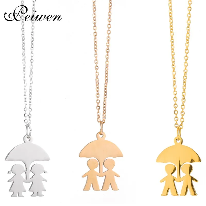 Figure Family Boy and Girl Umbrella Pendant Necklace Stainless Steel Chain Charm Necklace Birthday Family Party Jewelry Gift