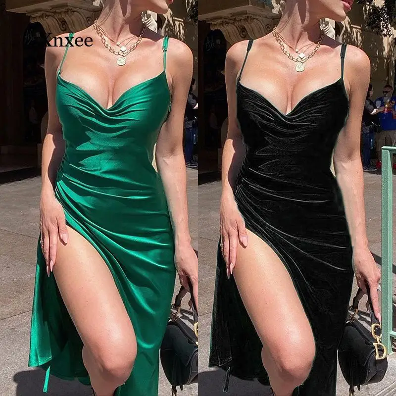 Green V Neck Spaghetti Strap Midi Dress Women Sexy Backless Hight Split Hem Dresses Slim Summer Black Party Bodycon French Robe