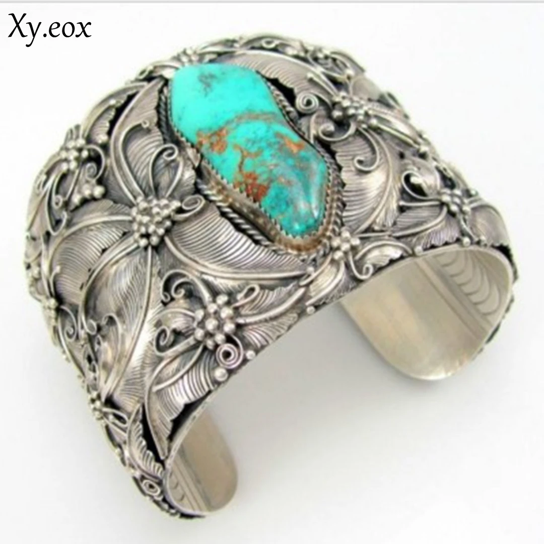 Vintage Women Boho Antique Silver Turquoise Open Bracelet Wide Cuff Bangle