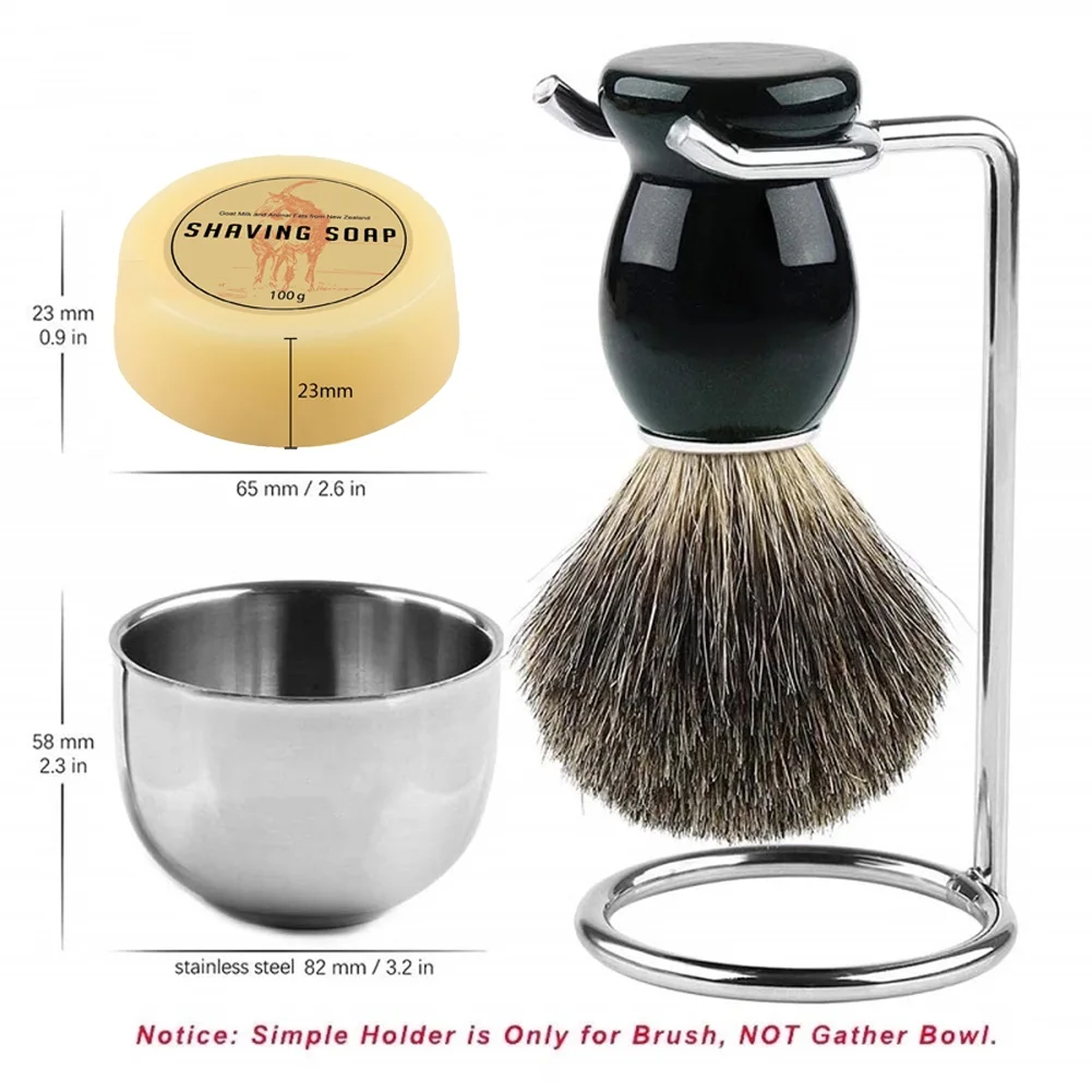 Shaving Set 4in1 Men 100% Badger Bristle Brush Wood Handle Stainless Steel Shaving Stand and Soap Cup With Soap for Wet Shave