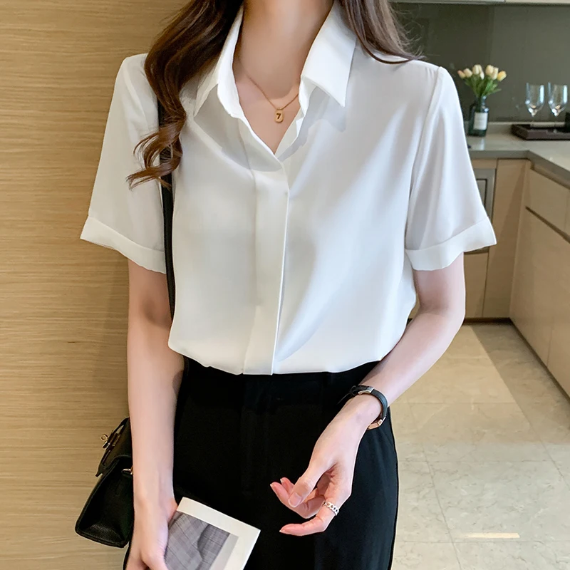 QOERLIN Chic Formal Shirt Female Summer 2021 New Korean Loose Elegant Professional Short Sleeve White Shirt Chiffon Blouse 2XL