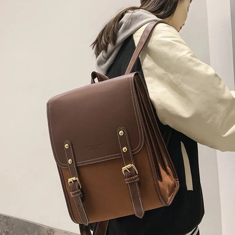 Retro Fashion Woman Backpack Pu Leather Big School Backpack Bags for Teenagers Girls 2021 Simple New Designer Hand Shoulder Bags