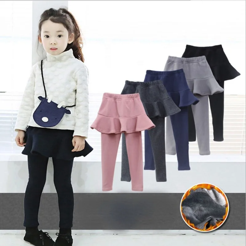 

Girls Winter Leggings Pants Kids Pants Fleece Legging for Girls Thick Warm False Two Pieces Culotte Children Skirtpants Trousers