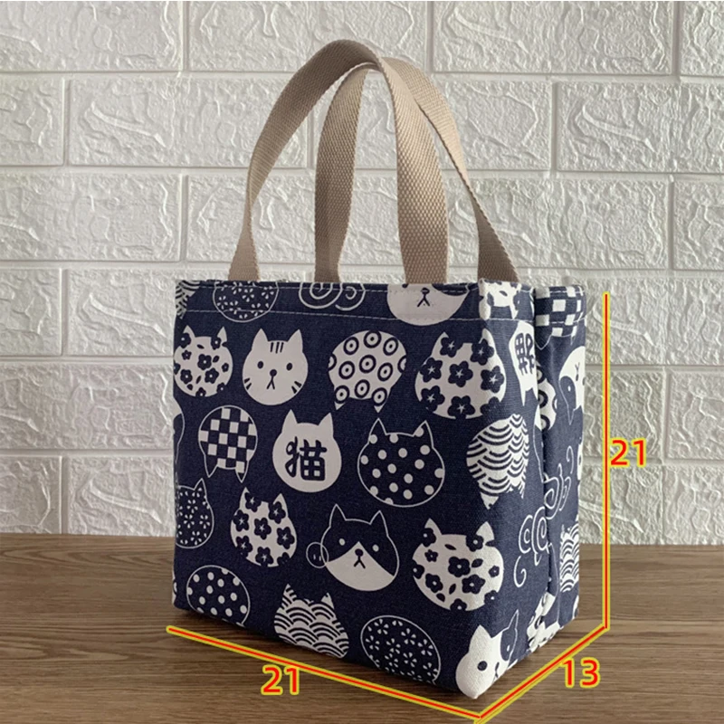 Cute Cat Pattern Canvas Portable Thermal Bag Lunch Box Student Office Worker Kawaii Bento Bag Waterproof Aluminum Foil