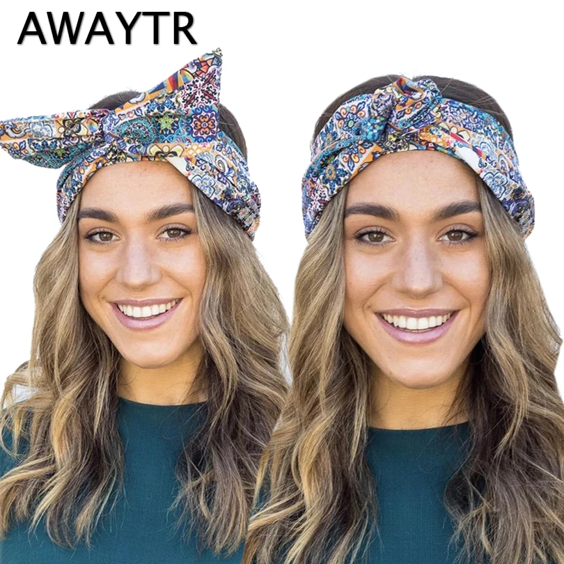 AWAYTR Soft Wrap Wire Headbands Floral Turban Bandana Printing Hairbands Women Head Bands Multi Use Adjustable Hair Accessories