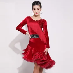 D0820 Lady Velvet Latin Dancing Dress Girls Tassel Dancing Costumes Female Latin Dance Wear Women's Adult Tassels Long Sleeve