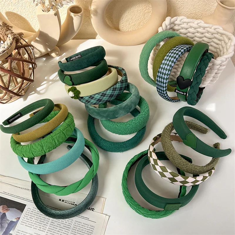 Fashion Korea INS Green Padded Womens Headband Woolen Autumn/Winter Hair Band Headwear Girl Wide Side Hair Hoop Hair Accessories